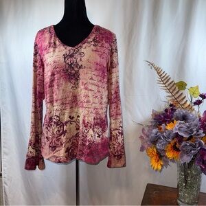 XCIT USA Boho Script Print V-Neck Long Sleeve Tee Pink Size L